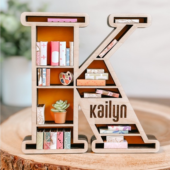 Mini Bookshelf, 3-D Wood Mini Bookshelf, Letter Bookshelf, Letter K - Picture 3 of 5